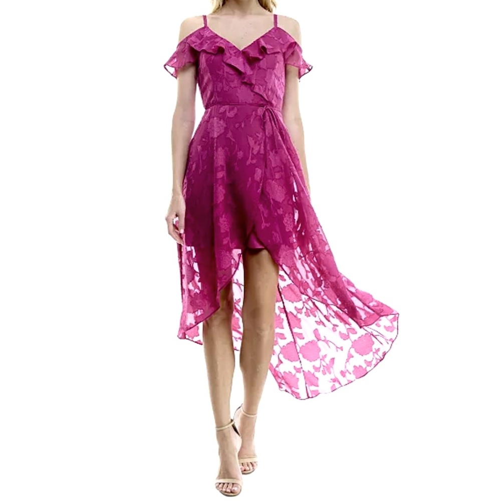 NWT - BCX Jacquard Dress - Off-The-Shoulder Ruffled Asymmetrical-Hem Tie-Waist